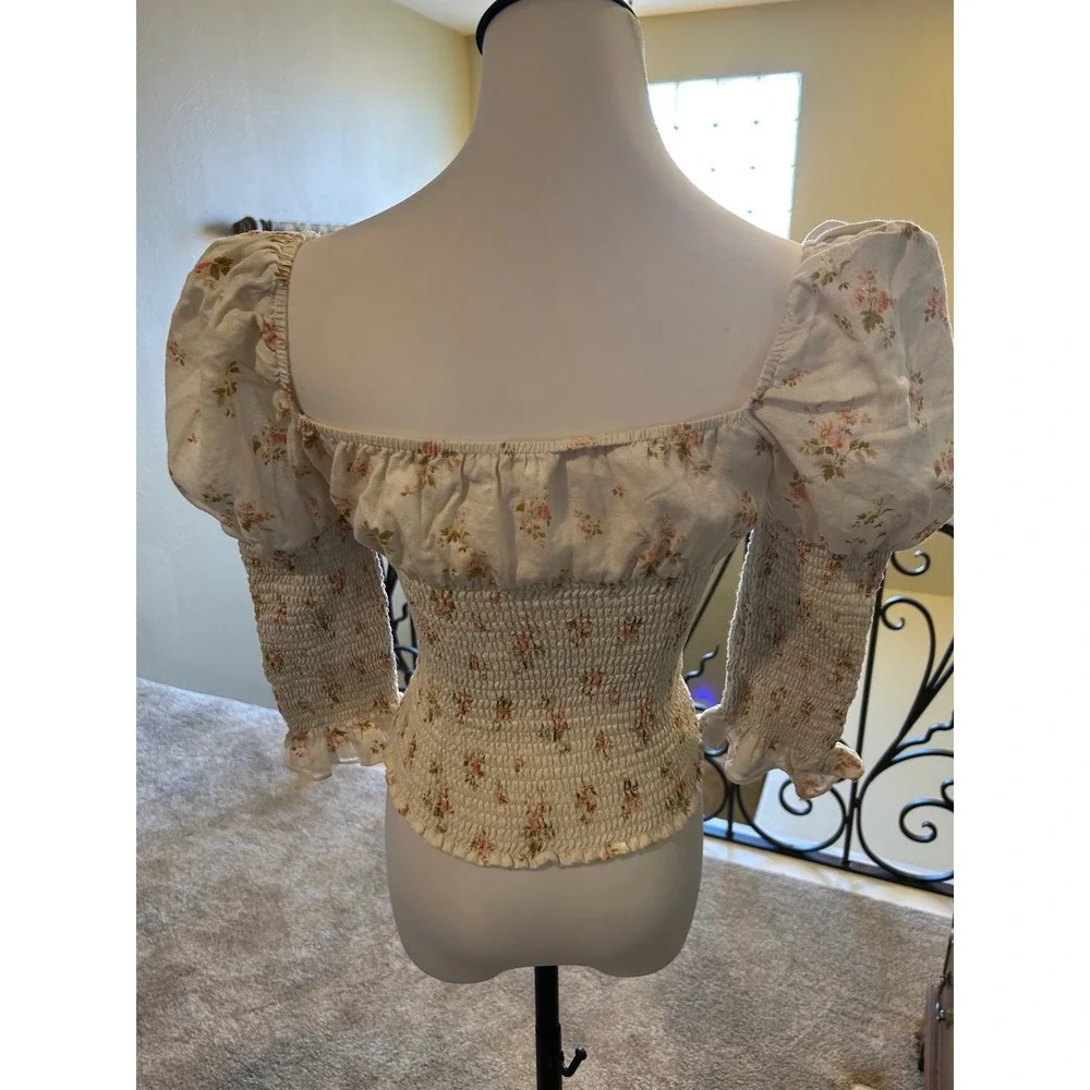 Reformation‎ Linen Floral Smocked Puff Sleeve Top Cream Sweetheart Neck Size S